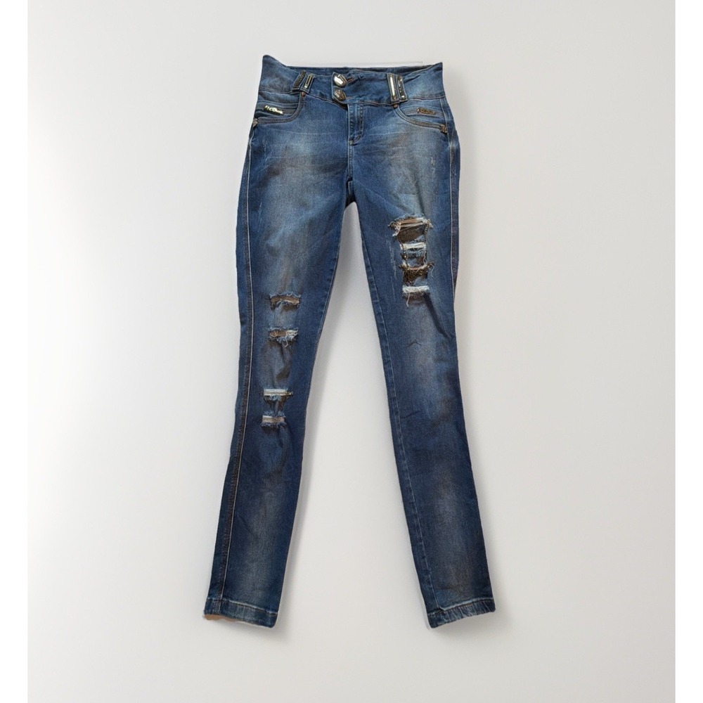 Pit Bull Jeans‎ Skinny Distressed Medium Wash Embellished Butt Lift Size 8 28x33